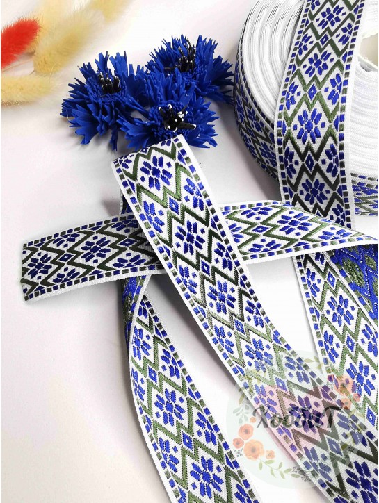 Лента отделочная жаккард Орнамент 28мм. (белый/нефритовый/синий), Р.90562